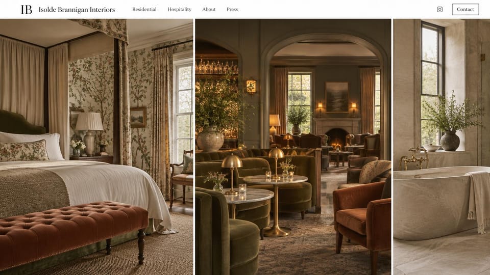 Interior design website design, residential and hospitality in three panels: a white menu bar above three photos: a canopy bedroom, a velvet hotel lounge and a stone bathtub