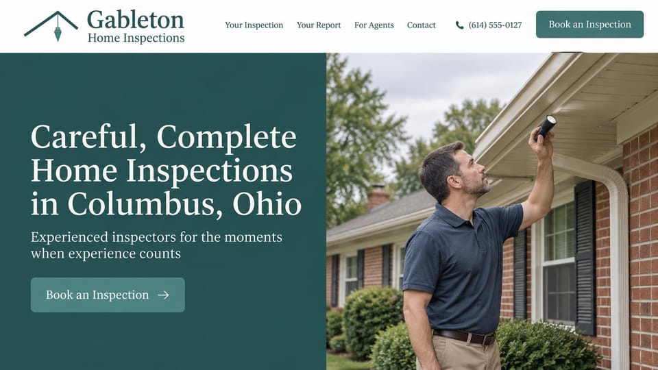 Home inspector website design, experienced inspection team in deep teal and serif: white header with a roofline logo and phone number, a deep teal panel with a white serif headline, a teal booking button, an inspector shining a flashlight under the eaves of a brick ranch house