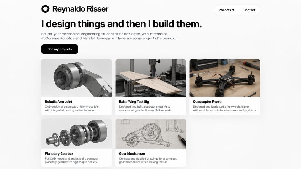 Engineering portfolio website design, mechanical engineering student with a project grid: white page, a bold black headline, a black button and a grid of project cards with CAD renders, a wing test rig and a drone frame