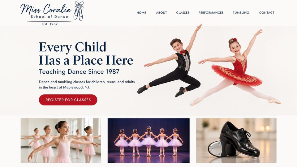 Dance studio website design, neighborhood dance school with leaping cutouts: white page, a script logo, a navy serif headline, cutouts of a boy and a girl in a red tutu leaping, three photo tiles below