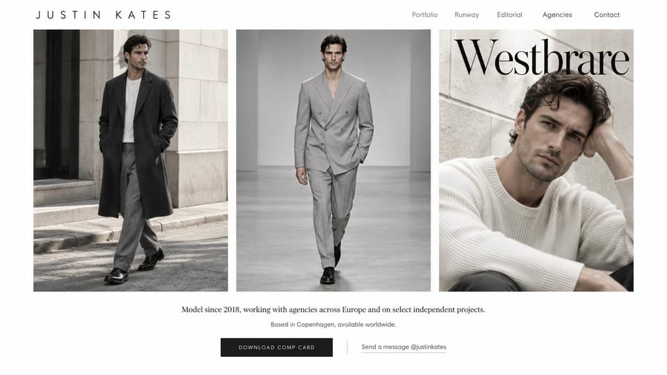 Model portfolio website design, male model with street, runway and magazine cover frames: white page, a widely spaced black sans name, three photos of a dark-haired man in a long coat, a gray double-breasted suit and a cream sweater under a magazine masthead, a serif tagline, a black comp card button and an underlined message link