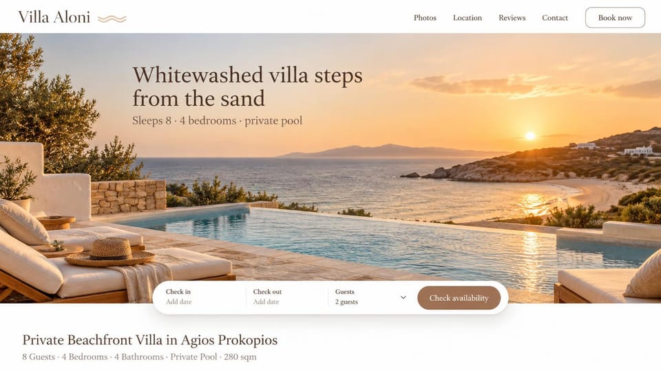 Hotel website design, single villa with a booking bar: a whitewashed terrace and pool at sunset with a brown serif headline and a rounded booking bar