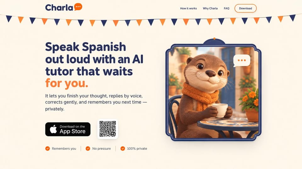 Mobile app website design, language app with a friendly mascot: cream page with bunting, navy and orange headline, an otter illustration and an App Store badge with QR code