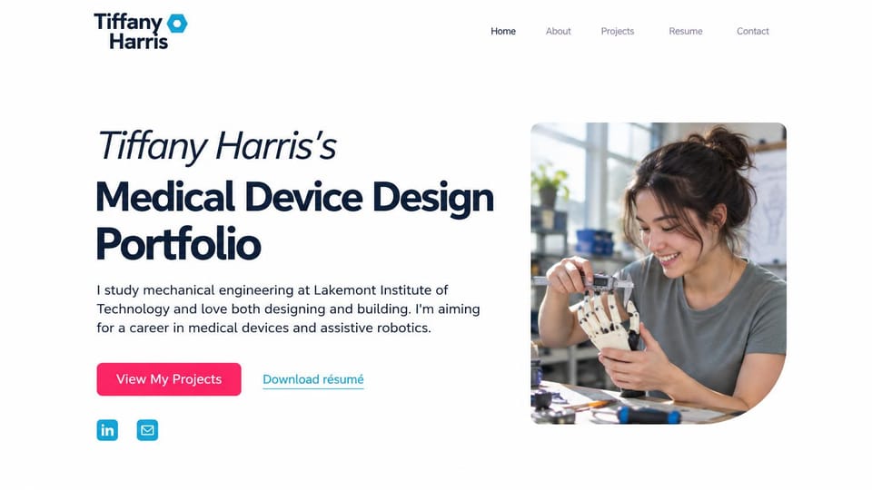 Engineering portfolio website design, medical device student, bright and friendly: white page, a navy italic name above a bold headline, a pink button and a student measuring a robotic hand with calipers