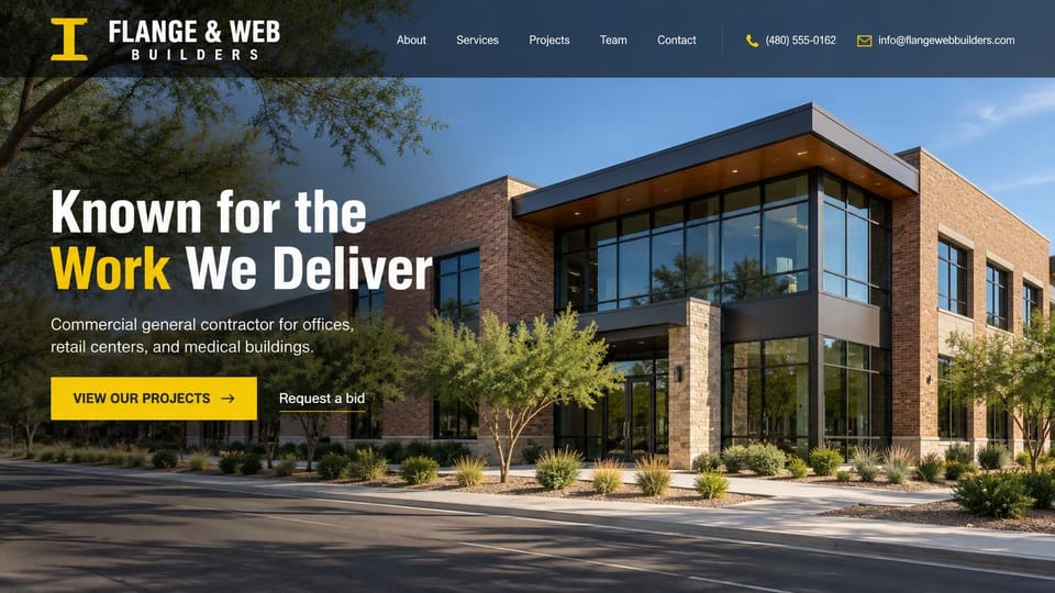 Construction website design, commercial general contractor in yellow and slate: slate blue menu, a brick and dark glass office building behind trees, a bold white and yellow condensed headline and a yellow button