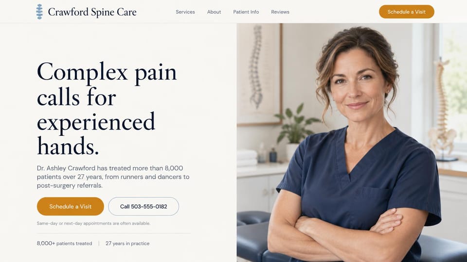Chiropractor website design, chiropractor for complex pain with a doctor portrait: warm ivory page, an oversized navy serif headline, an amber button and a portrait of a clinician in navy scrubs in a treatment room