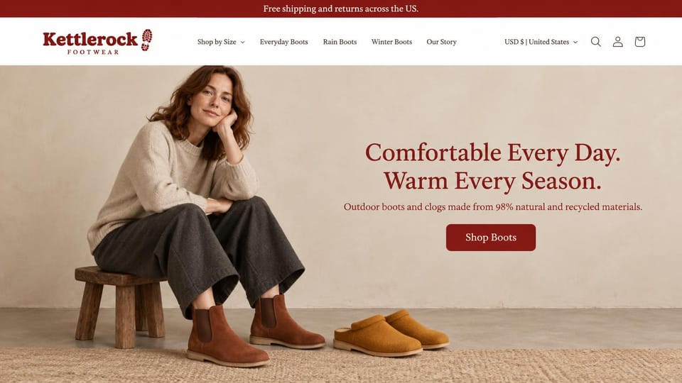 Fashion website design, boots and clogs with the shoes at center stage: dark red top bar, a woman in an oatmeal sweater and charcoal trousers on a wooden stool in rust suede Chelsea boots beside mustard felt clogs, a red serif headline and a red button