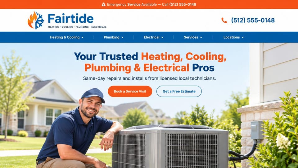 HVAC website design, heating, cooling, plumbing and electrical in one: orange top bar, white header, a blue menu, a navy and orange headline and a smiling technician leaning on an outdoor AC unit in a sunny yard