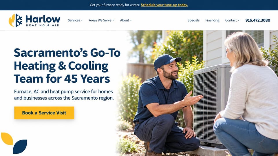 HVAC website design, heating and air on a bright white page: navy offer bar, white page with a navy headline and yellow button, a technician kneeling at an outdoor unit talking with a homeowner, yellow and navy leaf shapes