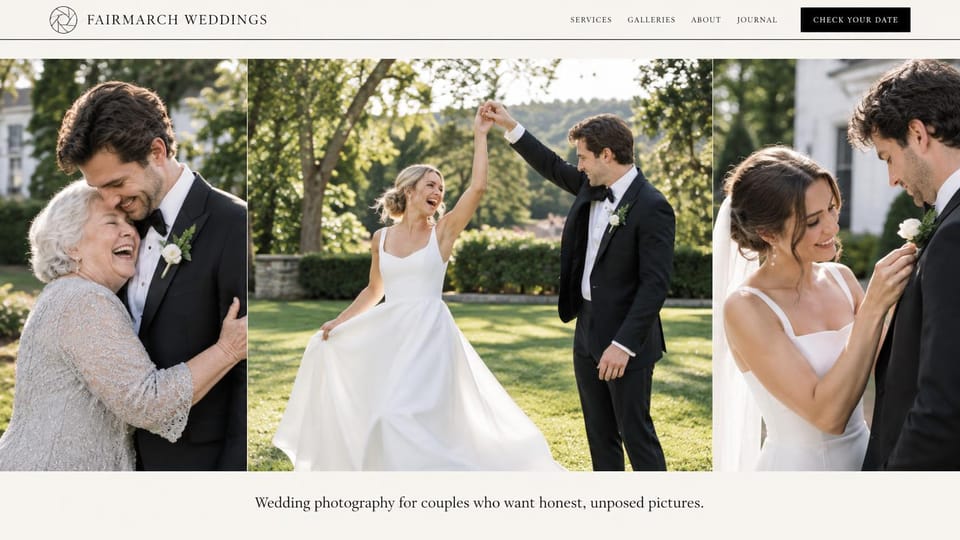 Wedding photographer website design, candid wedding photographer with three sunny photos edge to edge: slim ivory menu with a black button, three edge-to-edge sunny photos of a grandmother hugging the groom, the couple dancing on a lawn and the bride fixing his flower, a centered caption below