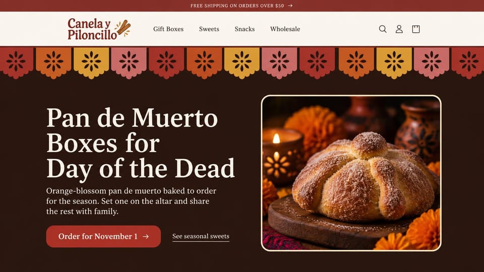 Cafe website design, mexican bakery with papel picado: deep brown hero under a row of colorful paper banners, a cream headline and a framed sweet bread photo