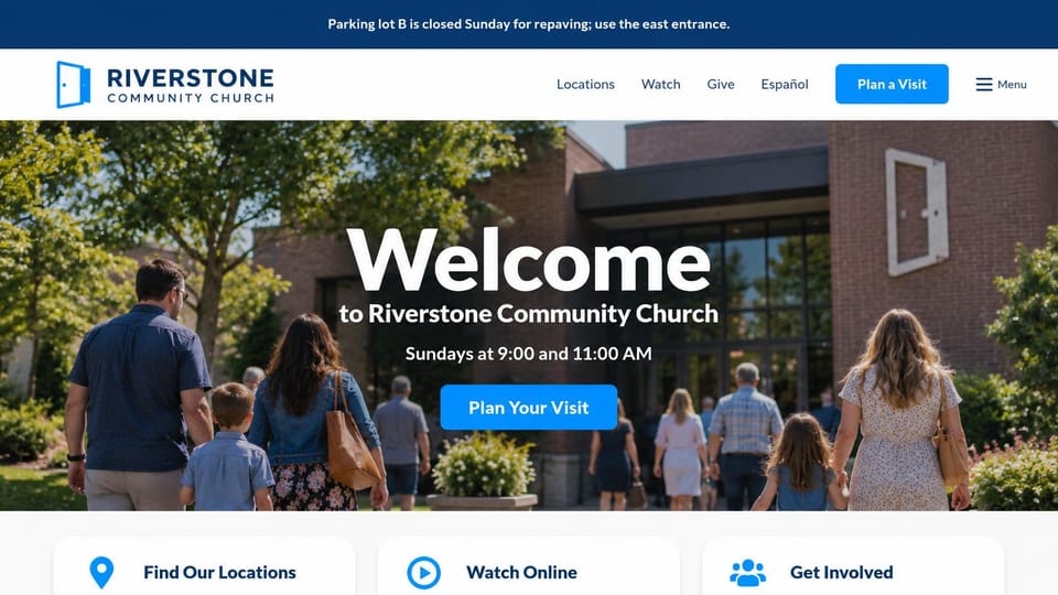 Church website design, bilingual church with an announcement bar: navy announcement bar, families walking to a brick church, a large white welcome and a blue button