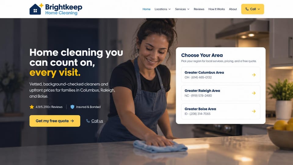 Cleaning service website design, home cleaning in several cities with an area picker: a smiling cleaner wiping a kitchen counter under a dark overlay, a white and yellow headline, a yellow quote button and a white card listing three service areas