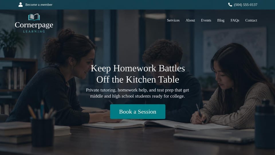 Tutoring website design, homework help and test prep in a library: dark teal top bar, a dim library photo of a tutor with two teenagers studying, a centered white serif headline, a teal book button