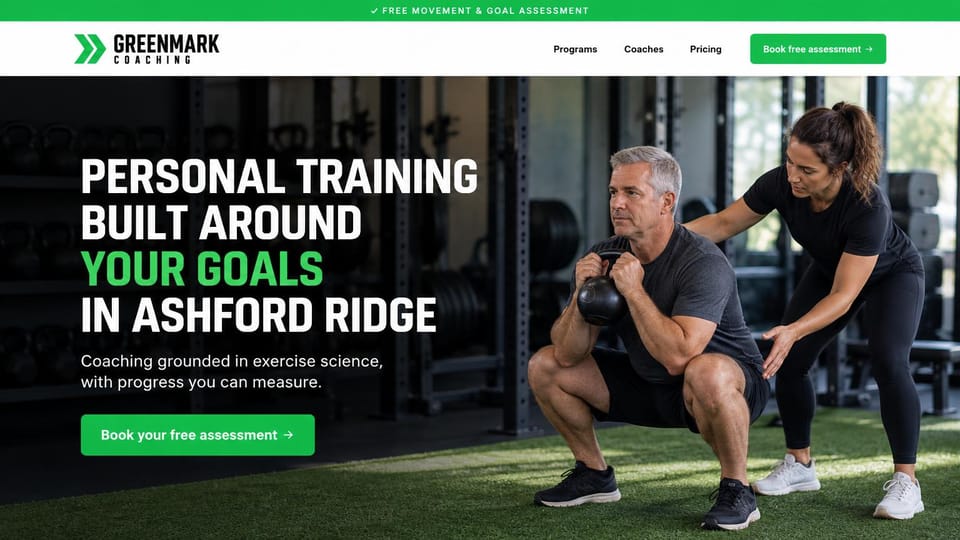 Personal trainer website design, free movement assessment with a green offer bar: green offer bar and white menu, a full-width dark gym photo of a trainer guiding an older man's kettlebell squat on turf, a large white and green condensed headline, a green assessment button