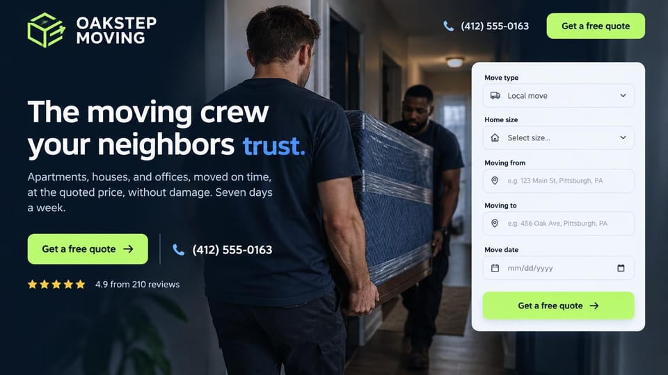 Moving company website design, apartment, home and office movers in navy and lime: dark navy page, a white headline ending in blue, lime buttons and a phone number, two movers carrying padded furniture down a hallway, a white quote form on the right
