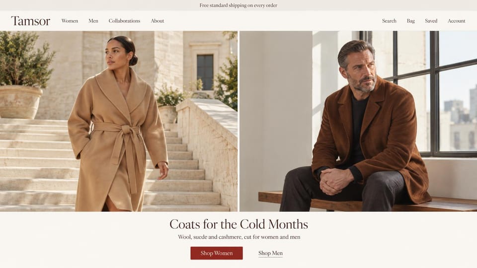 Fashion website design, wool and suede coats above a centered headline: cream page, side-by-side photos of a woman in a camel wrap coat on stone steps and a man in a brown suede jacket by a window, a centered dark serif headline and a red button