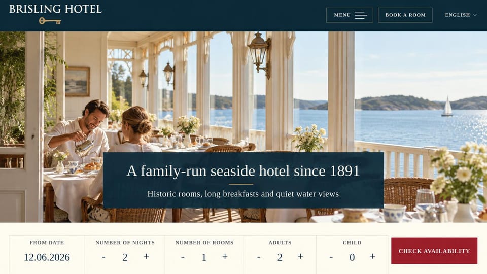 Hotel website design, family-run seaside hotel with full booking: navy header, guests at breakfast on a seaside veranda, a navy caption box and a cream booking bar