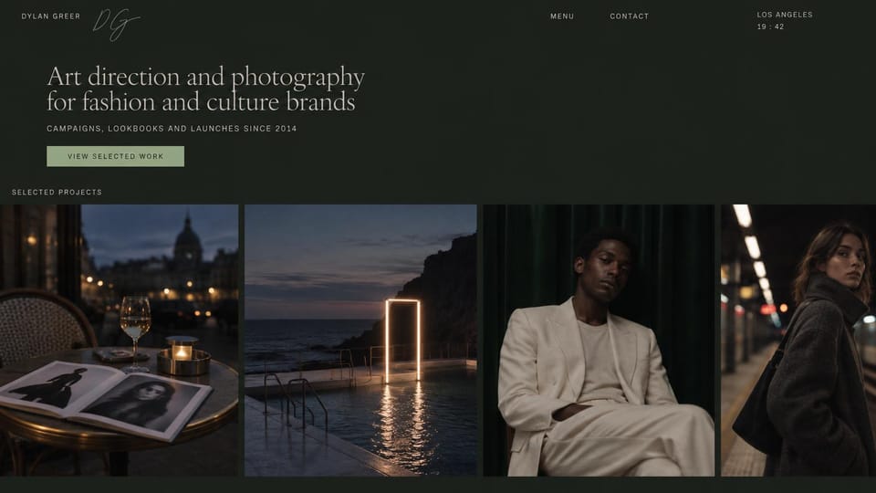 Photography website design, art direction and fashion in deep green: deep green-black page, a serif headline and sage button above a row of cinematic fashion and interior photos