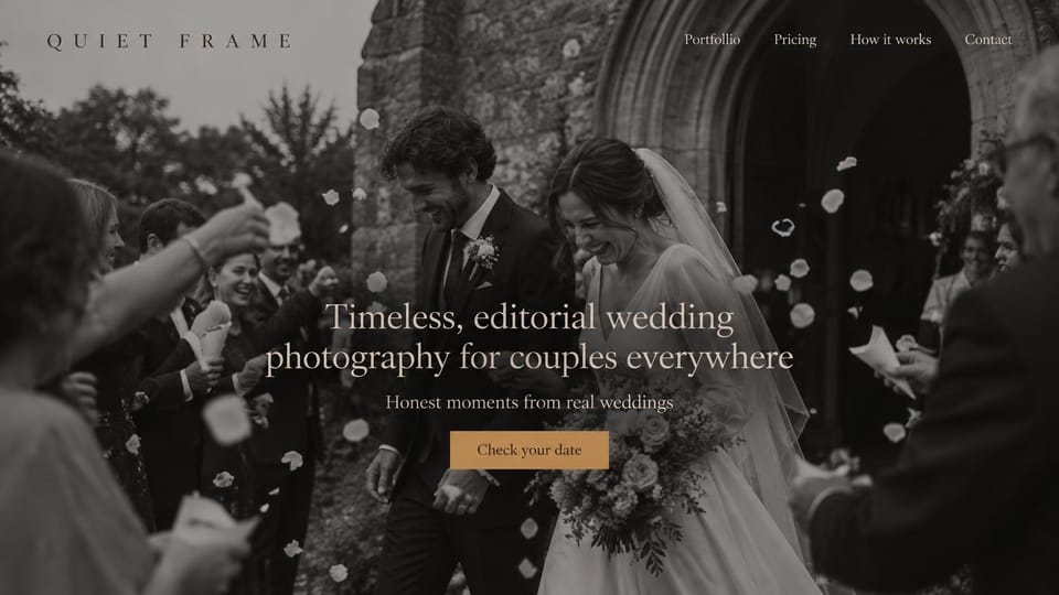Photography website design, wedding in black and white: a black and white wedding exit under falling petals, a centered serif headline and a gold check your date button