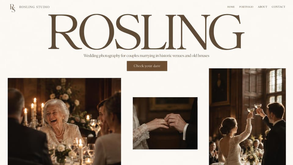 Wedding photographer website design, historic venue weddings with an oversized wordmark: cream page, a giant brown serif wordmark, a brown button and three staggered photos of candlelit receptions