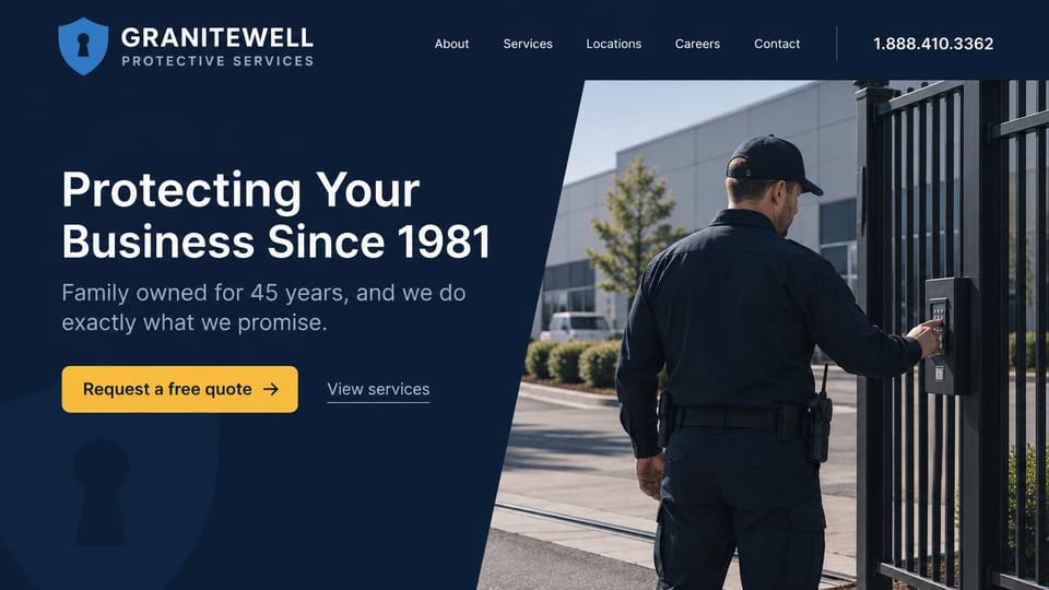 Security company website design, family-owned guard company with a diagonal photo: dark navy page with a white headline and a yellow button, a daylight photo of an officer entering a code at a business gate, cut on a diagonal