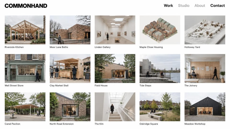 Portfolio website design, architecture practice with a project grid: white page, a bold black studio name above a five-column grid of building photos with captions
