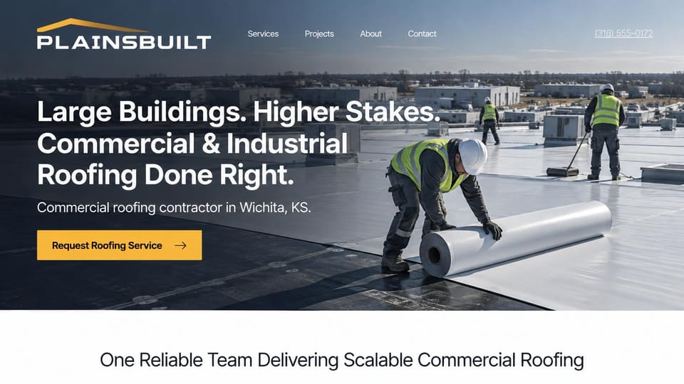 Roofing website design, commercial and industrial roofing for large buildings: gray overlay on a flat commercial roof where a worker in a hard hat unrolls white membrane, a bold white headline, a yellow service button, a white band below