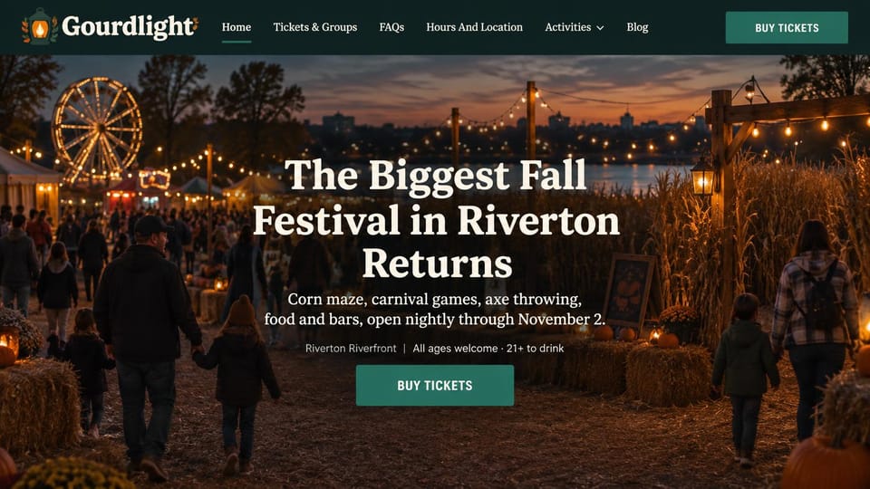 Event website design, fall festival with a ferris wheel at dusk: dusk photo of families walking past corn stalks, string lights and a ferris wheel, centered serif headline, green ticket button