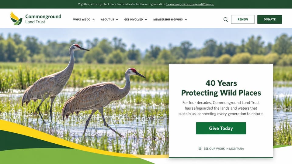 Nonprofit website design, land trust with cranes in the wetland: cranes in a green wetland, a white card with a serif headline and a green give button
