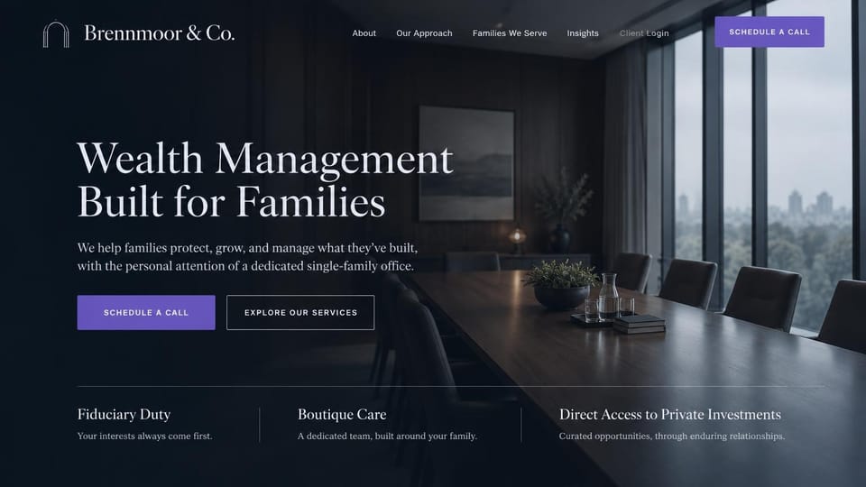 Financial advisor website design, single-family office in a dark boardroom: dark empty boardroom with a city view at dusk, white serif headline, purple buttons and a row of three highlights