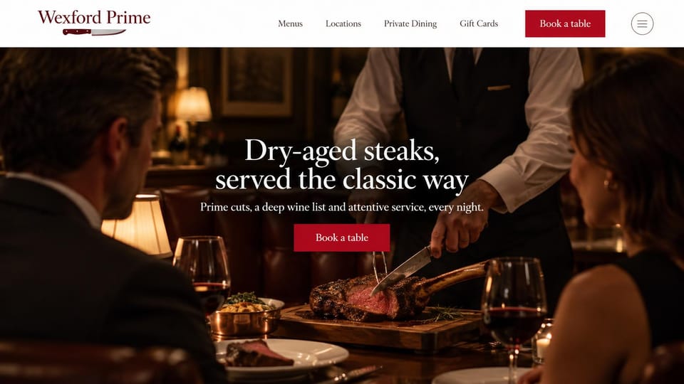 Restaurant website design, classic steakhouse with tableside carving: white header over an amber photo of steak carved at the table, white serif headline and red button