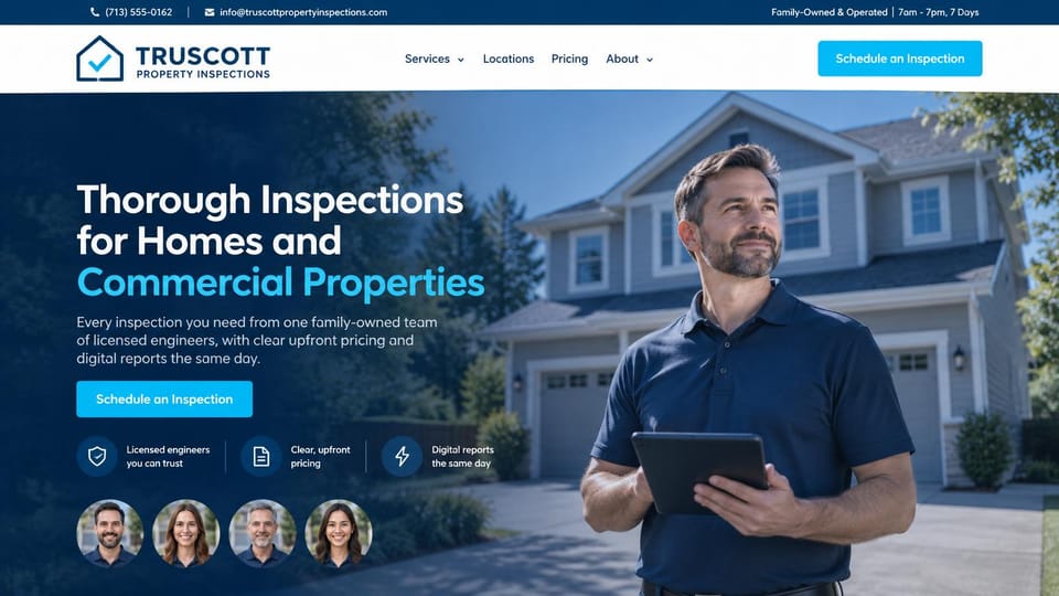 Home inspector website design, home and commercial inspections by engineers: blue overlay on a gray two-story house, white and sky blue headline, a sky blue schedule button, an inspector with a tablet, four round team photos