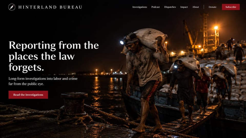 News and magazine website design, long-form investigations with a night photo: night harbor photo of workers carrying sacks under work lights, a white serif headline, red buttons