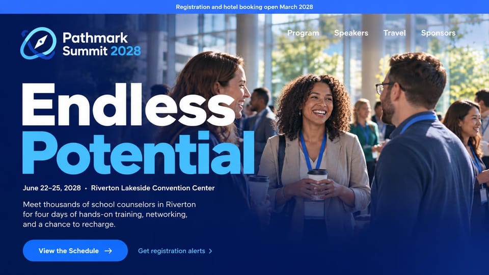 Event website design, school counselor conference with registration alerts: blue top bar, a navy fade over a photo of attendees with lanyards and coffee, a huge white and sky blue headline, a blue schedule button and an alerts link
