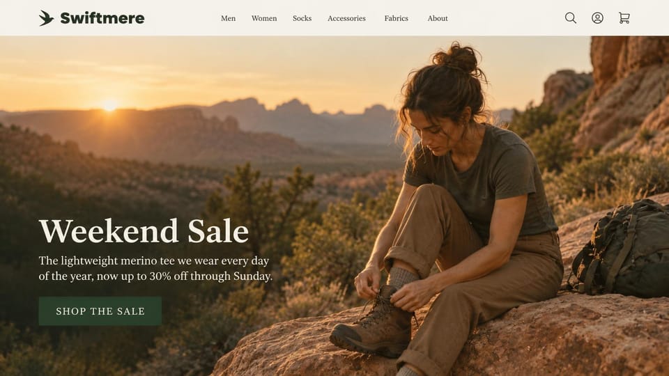 Fashion website design, merino outdoor wear on desert red rock at sunset: white header with a bold logo, a woman in an olive tee and khaki trousers lacing her boots on red rock at sunset, a white serif headline and a dark green button