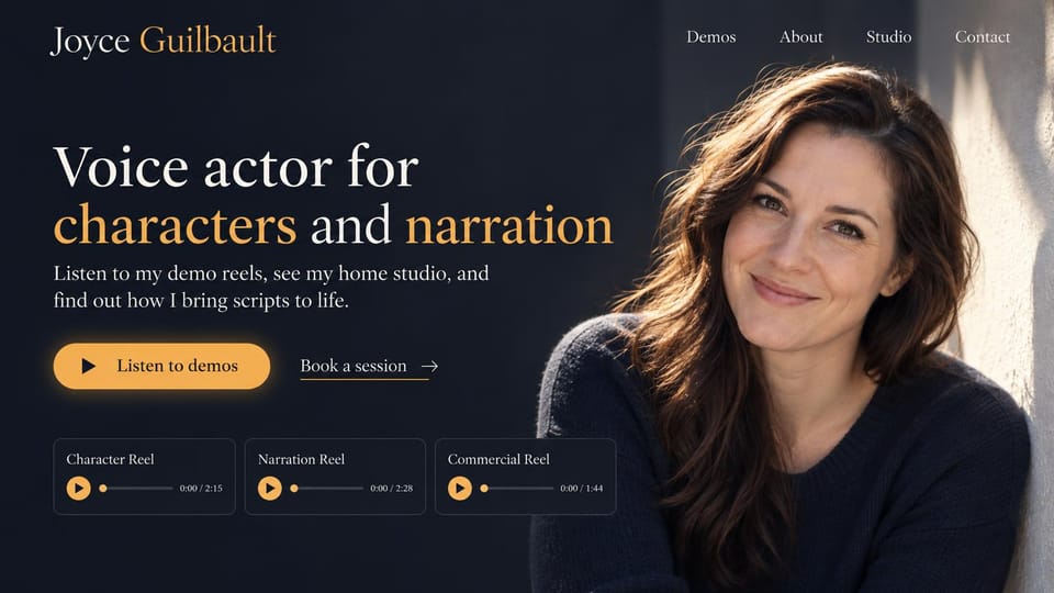 Actor website design, character and narration voice actor in navy and gold: dark navy page, a white and gold serif headline, a gold demos pill, three small demo players and a smiling woman in warm sunlight