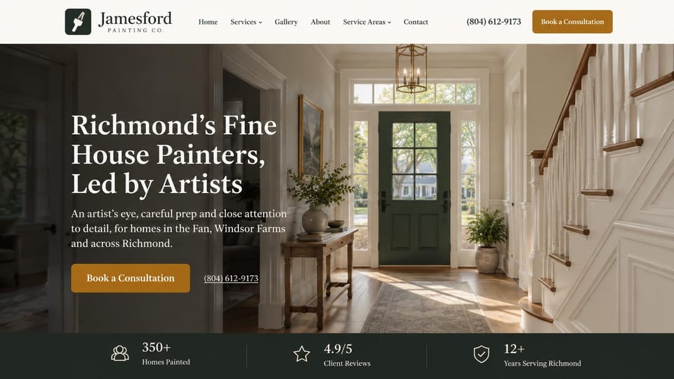 Painting website design, high-end house painting in a sunlit entry hall: photo of a sunlit entry hall with a green door and white staircase, a white serif headline, a gold consultation button and a dark green stats strip