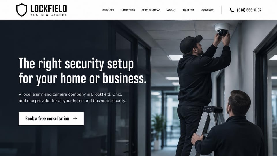 Security company website design, alarm and camera installer for homes and businesses: white header, a dark navy fade over an office corridor where two technicians in black mount a dome camera from a ladder, a condensed white headline, a white button