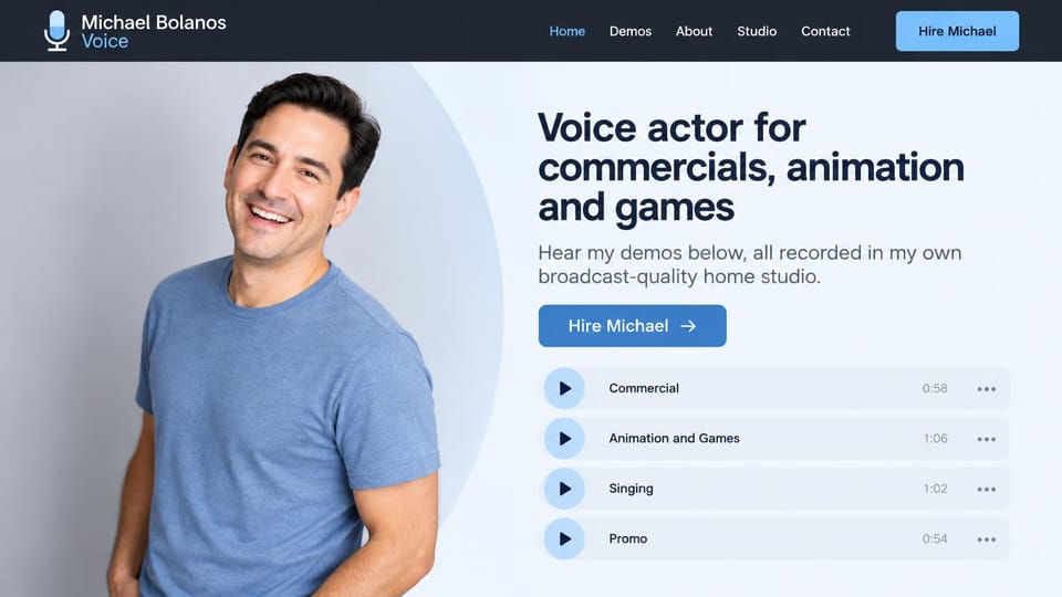Actor website design, voice actor with demos listed by style: navy bar, pale blue page, a dark bold headline, a blue hire button, four demo rows and a smiling man in a blue tee in a soft circle