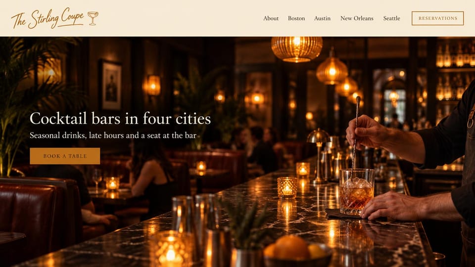 Restaurant website design, cocktail bars in several cities: cream header with a gold script logo above a candlelit bar and a white serif headline