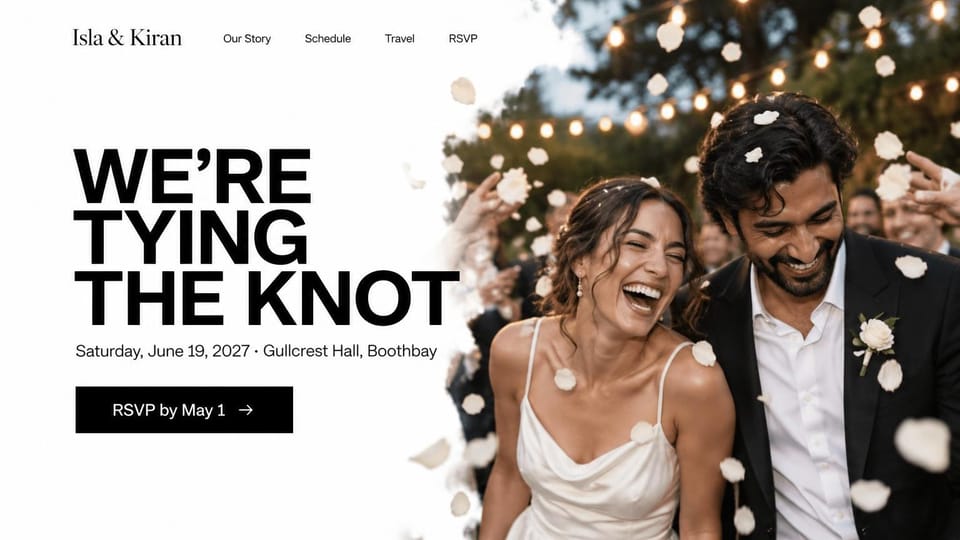 One page website design, modern wedding in big black capitals: white page, a huge black sans-serif headline and a black RSVP button beside a couple laughing under falling white petals and string lights