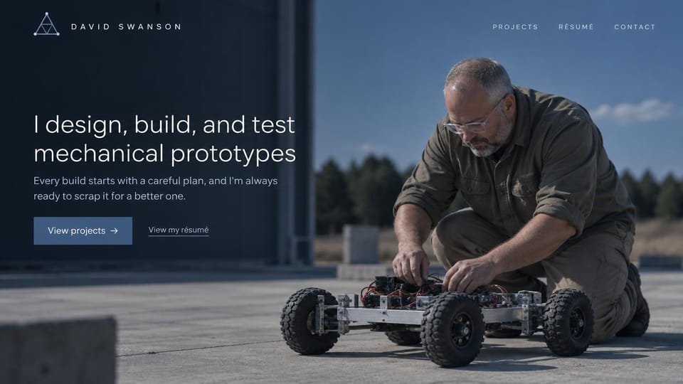 Engineering portfolio website design, prototype engineer at the test site: dark blue photo of an older engineer kneeling by a wheeled prototype on concrete, a white headline and a blue button