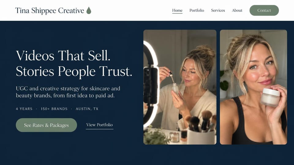 UGC portfolio website design, skincare UGC and strategy on deep navy: white bar over a deep navy hero, white serif headline, sage buttons, two photos of a blonde woman with skincare