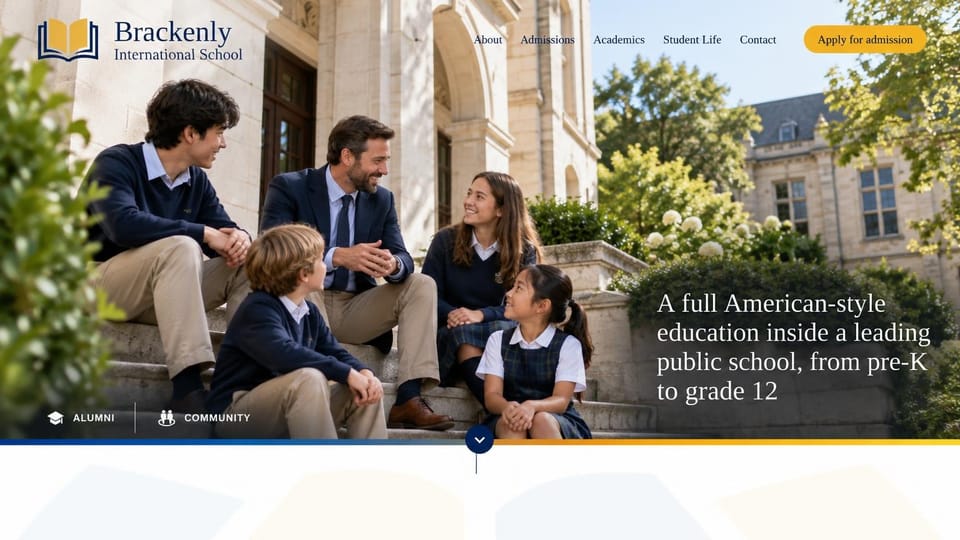School website design, american international school with a campus photo: uniformed students and a teacher on the steps of a stone building, a white serif headline at the lower right and a gold apply pill