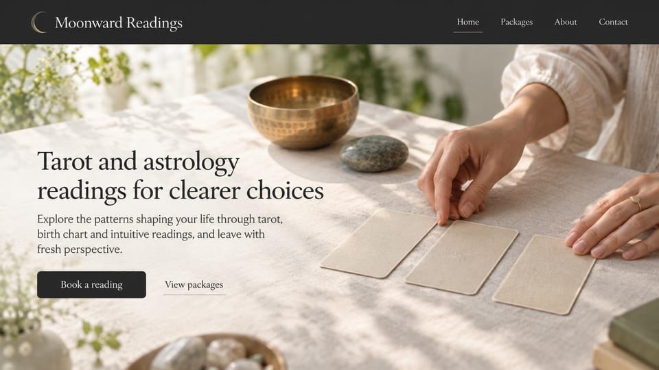 Astrology website design, tarot and astrology on a sunlit linen table: charcoal menu bar over a sunlit linen table with a brass singing bowl and hands laying out cards, a dark serif headline and a black button
