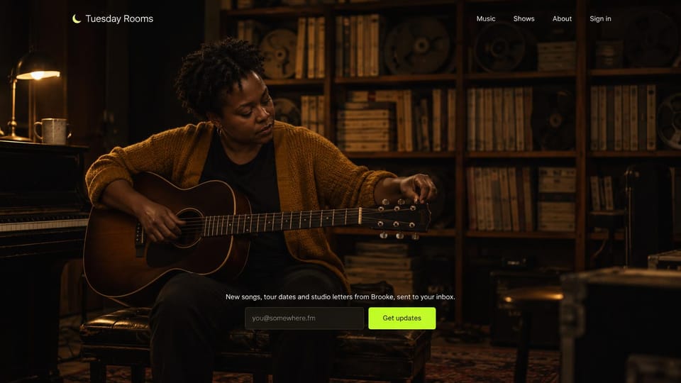 Musician website design, mailing list first for a solo musician: warm amber photo of a woman tuning a guitar in a book-lined room and a small lime email form