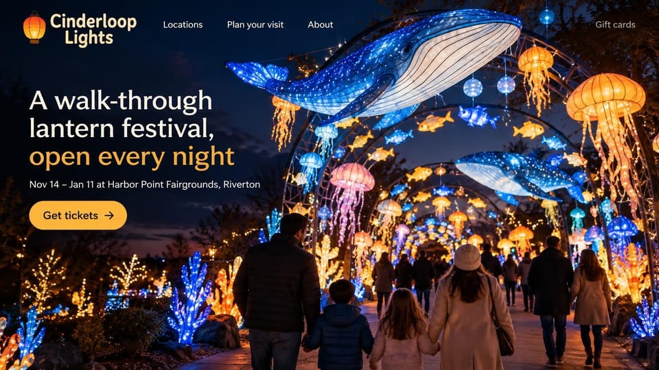 Event website design, walk-through lantern festival with glowing sea creatures: dark night photo of families walking under arches of glowing whale, fish and jellyfish lanterns, white and amber headline, yellow ticket button