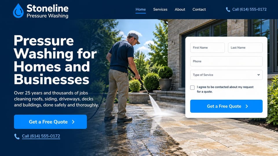 Pressure washing website design, homes and businesses with a quote form on the photo: dark navy fade over a photo of a worker spraying a stone patio beside a house, a large white headline, a bright blue quote button, a white quote form on the right