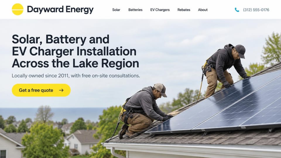 Solar website design, solar, batteries and EV chargers on a light page: white header, a large charcoal headline over a cloudy sky, two installers fitting panels on a roof above a lake, a yellow quote button